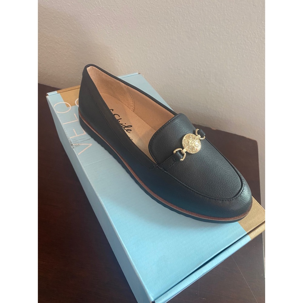 LifeStride Velocity 2.0 Black Loafers Gold Medallion Slip On Shoes NEW